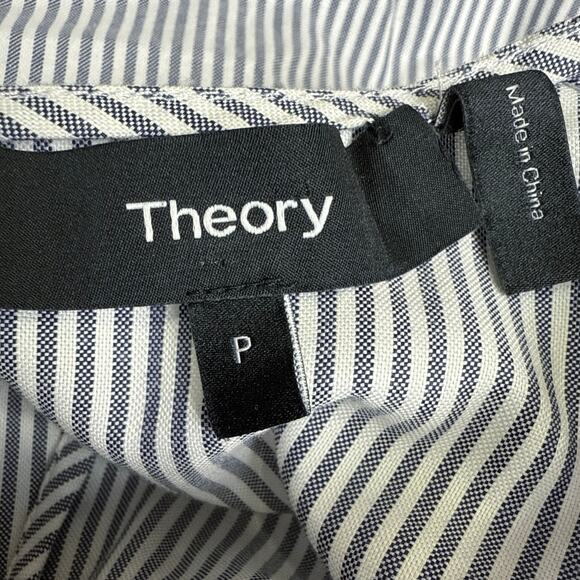 Theory Lexanda Mason White Blue Striped Long Bell Sleeve Peplum Blouse Top Sz XS - Picture 7 of 9